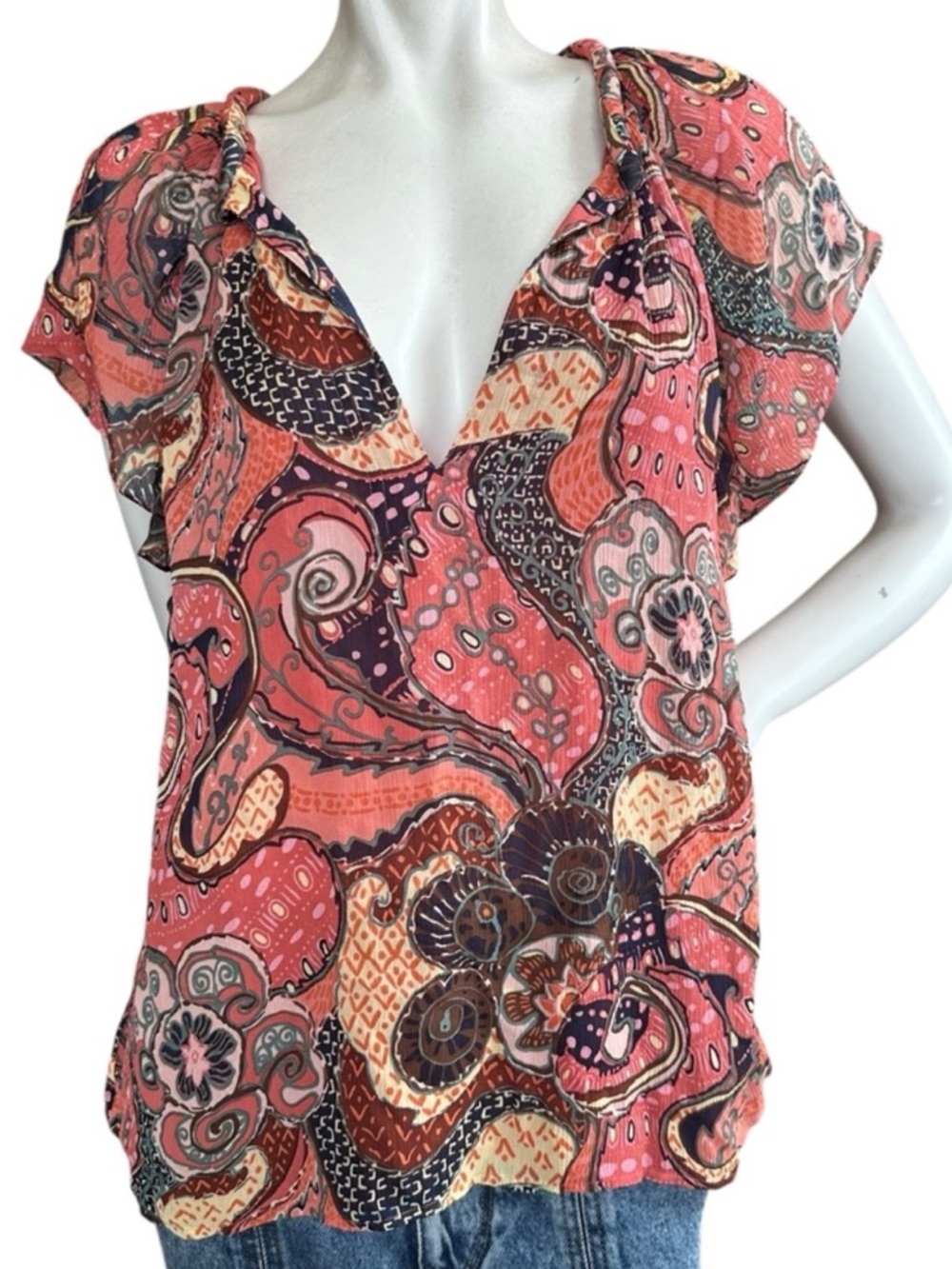 A.L.C. “June” Orange & Pink Paisley Floral 100% Silk Short Flutter Sleeve Top 10